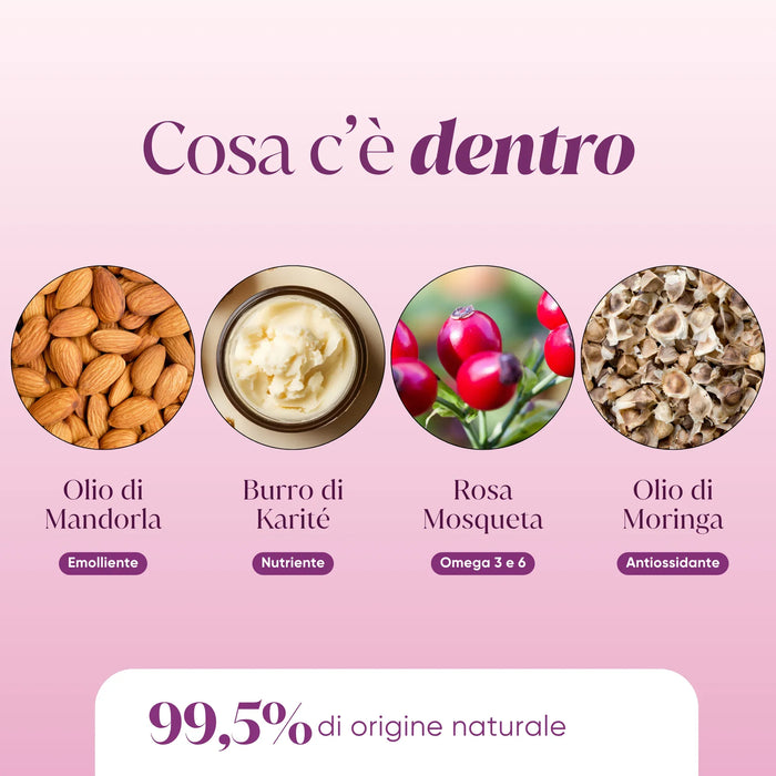 Ingredients: almond oil, shea butter, rosehip, Moringa oil, 99.5% natural origin