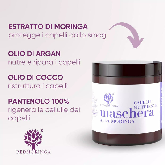 Tarro de mascarilla capilar RedMoringa y sus activos: extracto de Moringa, aceite de argán, aceite de coco y pantenol