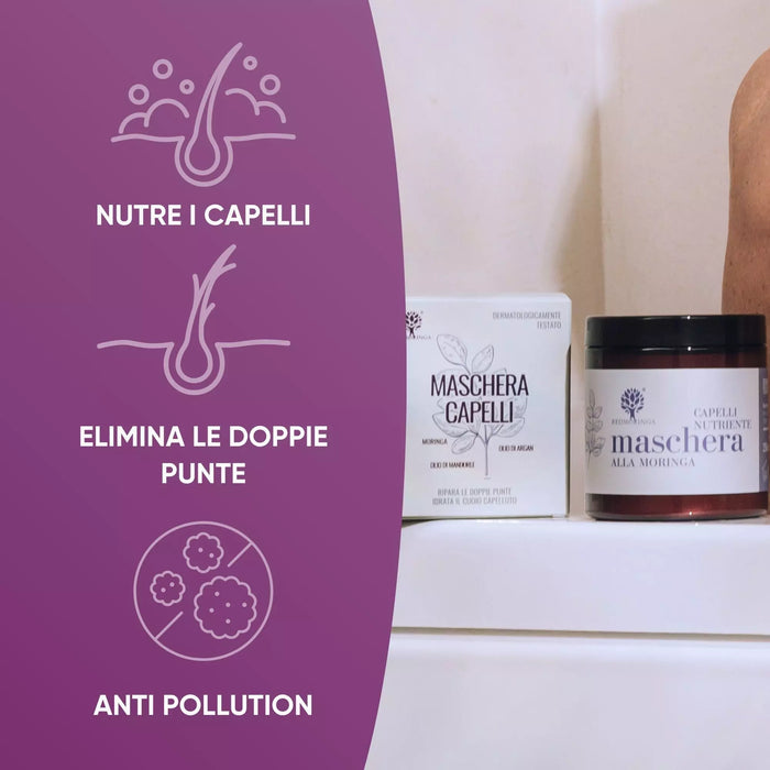 Tarro y estuche de mascarilla capilar RedMoringa en el baño, con iconos: nutre, contra las puntas abiertas, anti-pollution