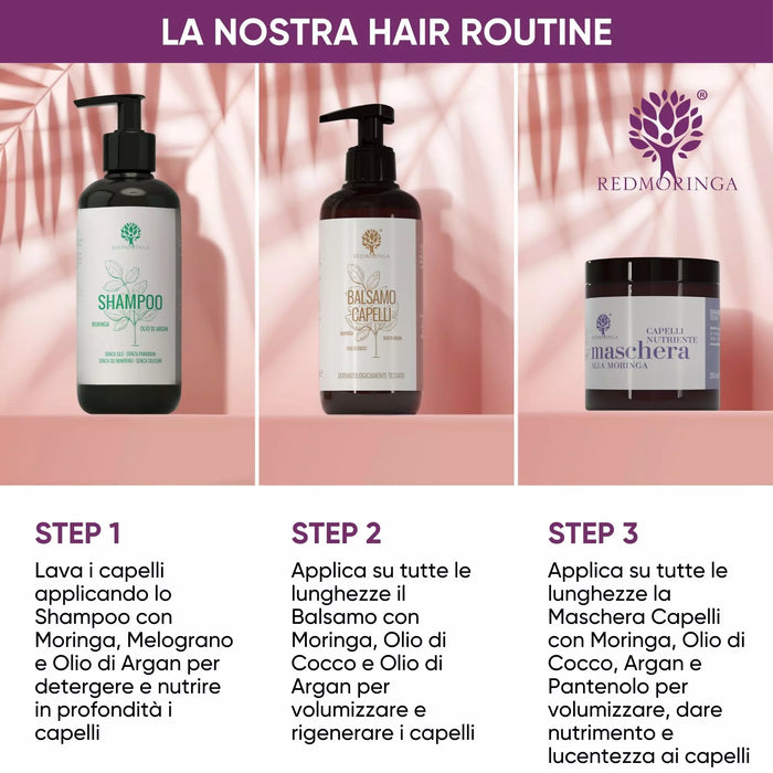 Hair routine RedMoringa en tres pasos: champú, acondicionador y mascarilla capilar con Moringa, aceite de coco y argán