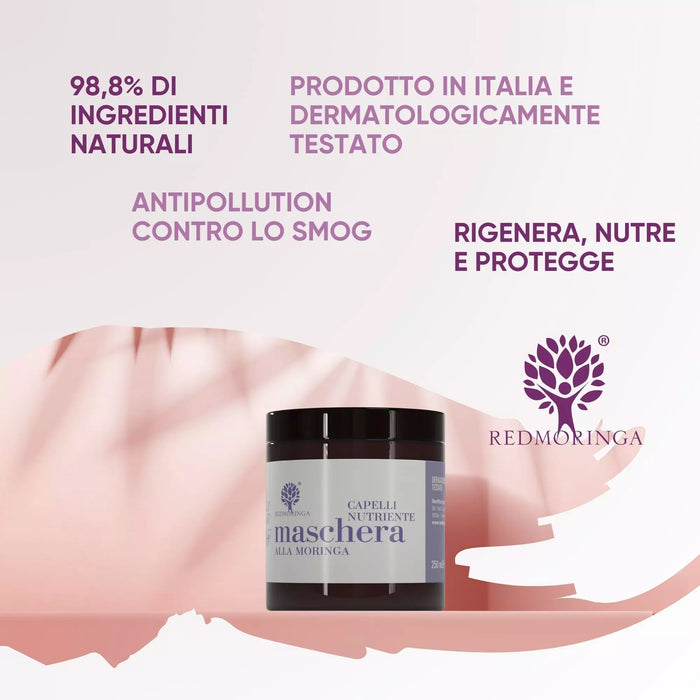 Tarro de mascarilla capilar con Moringa sobre crema rosa: 98,8% de ingredientes naturales, fabricada en Italia, anti-smog