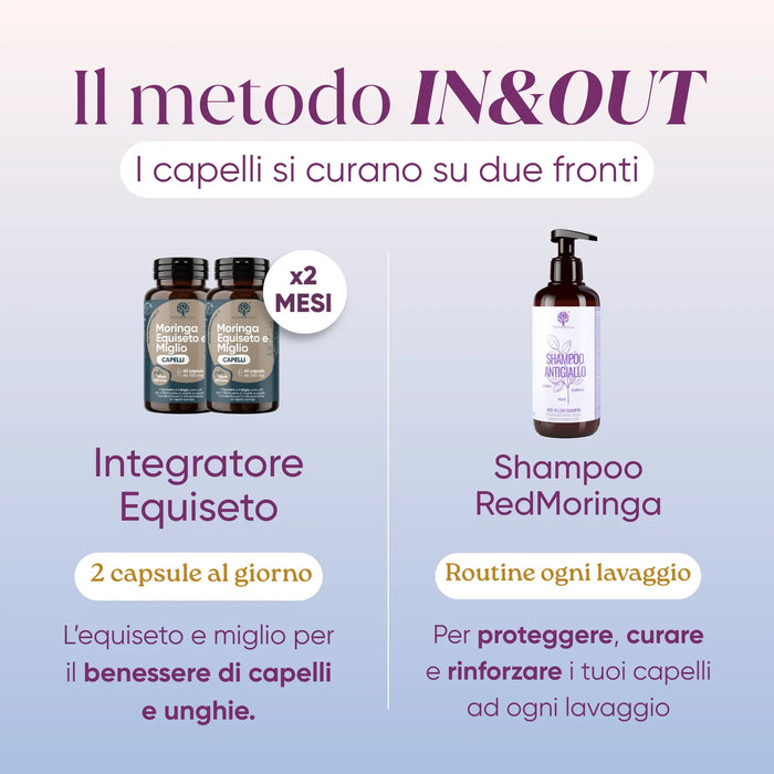 Metodo IN&OUT per i capelli: integratore Moringa Equiseto e Miglio per 2 mesi e Shampoo Antigiallo a ogni lavaggio