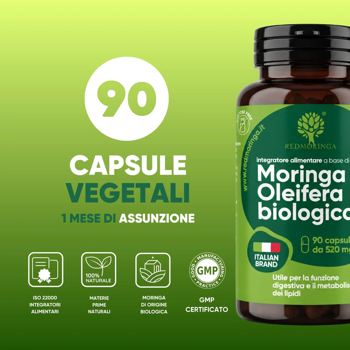 90 capsule vegetali di Moringa biologica per 1 mese, ISO 22000 e GMP