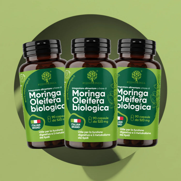 Tre flaconi di Moringa Oleifera biologica RedMoringa da 90 capsule, integratore in capsule, confezione da 3 per 3 mesi
