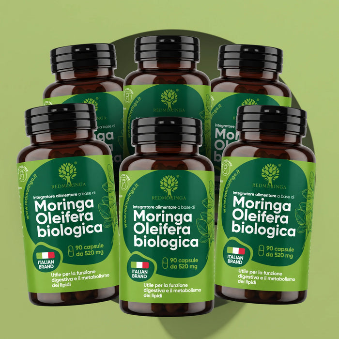 Sei flaconi di Moringa Oleifera biologica RedMoringa da 90 capsule, integratore in capsule, scorta da 6 confezioni per 6 mesi
