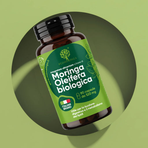 RedMoringa organic Moringa Oleifera bottle, capsule supplement, 90 capsules of 520 mg leaf powder, Italian Brand
