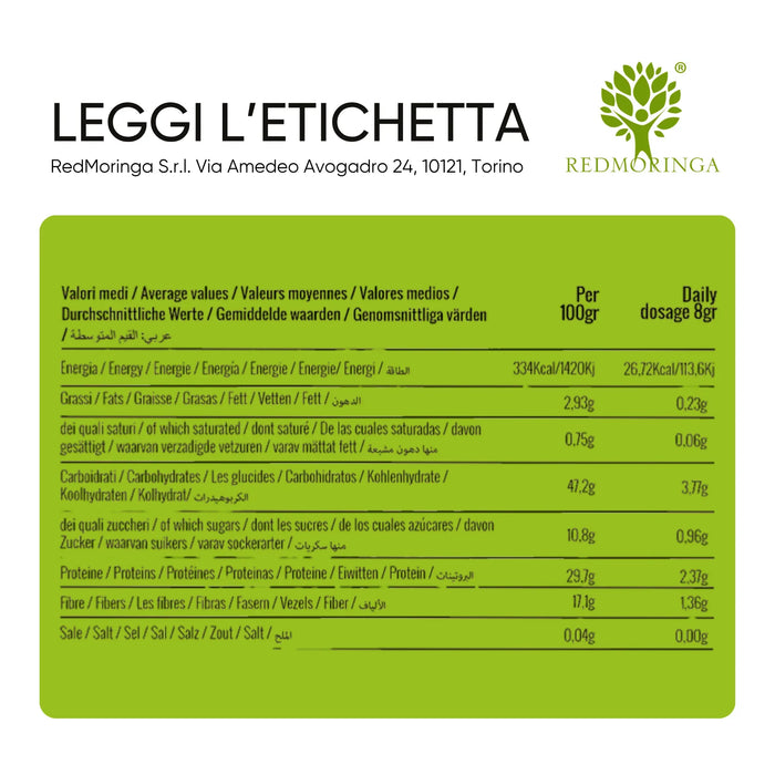 Nutritional values of Moringa powder per 100 g and per 8 g