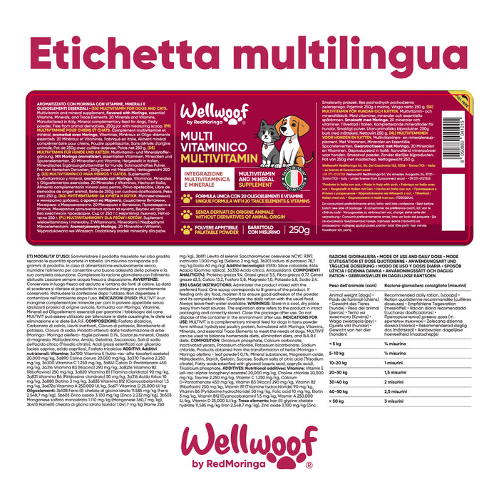 Multilingual label of Wellwoof multivitamin for dogs and cats with composition, directions for use and dosage