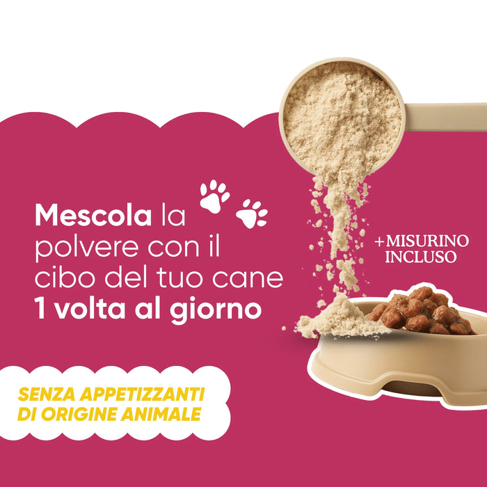 Scoop pouring Wellwoof powder into a dog bowl: mix with food once a day, no animal-derived flavourings