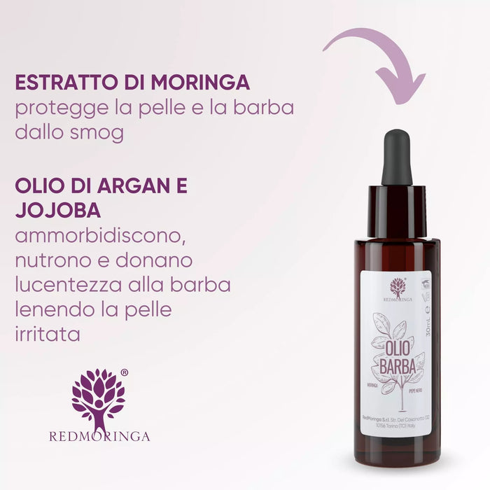 Aceite para Barba RedMoringa y sus activos: extracto de Moringa anti smog, aceite de argán y jojoba para una barba suave