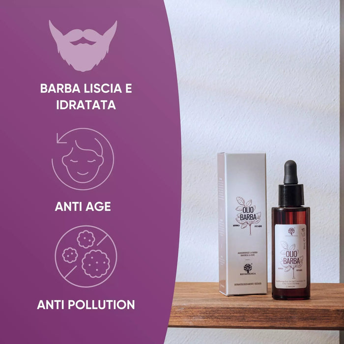 Aceite para Barba RedMoringa con su caja sobre un estante de madera: barba lisa e hidratada, antiedad y anti pollution
