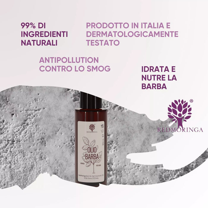 Aceite para barba vegano RedMoringa: 99% de ingredientes naturales, hecho en Italia y testado dermatológicamente