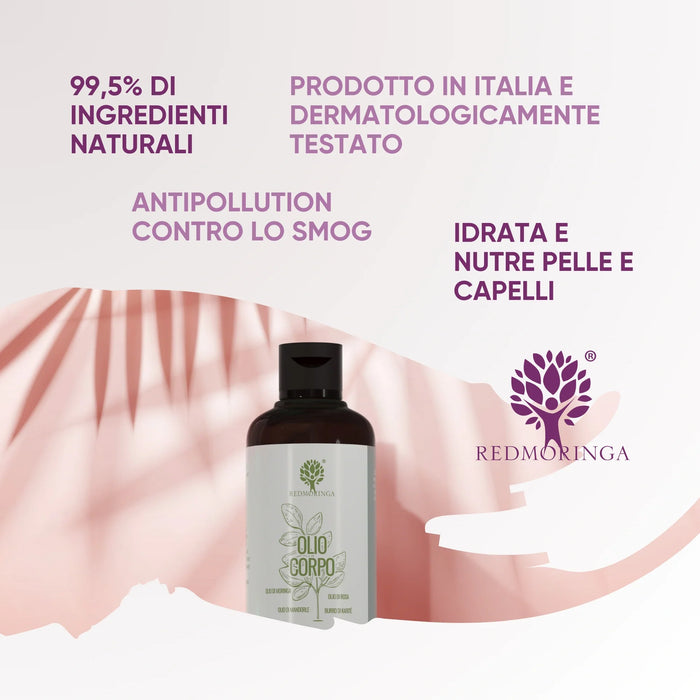 Olio di moringa corpo e capelli RedMoringa su fondo rosa: 99,5% di ingredienti naturali, prodotto in Italia, idrata e nutre