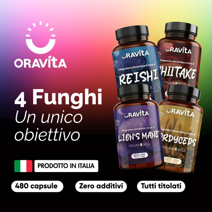 Kit 4 funghi Oravita prodotto in Italia: 480 capsule, zero additivi, estratti titolati
