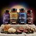 Kit 4 funghi Oravita con funghi freschi in primo piano: Lion's Mane, Cordyceps, Reishi e Shiitake, 480 capsule totali
