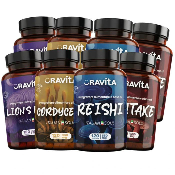 Doppio Funghi Kit Oravita: otto flaconi da 120 capsule di Lion's Mane, Cordyceps, Reishi e Shiitake su fondo bianco