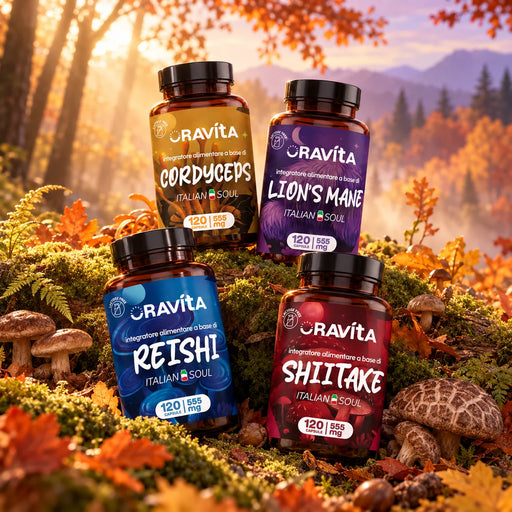 Oravita Funghi Kit nel bosco autunnale: Cordyceps, Lion's Mane, Reishi e Shiitake, mix di funghi medicinali da 120 capsule