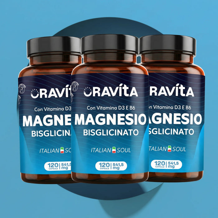 Tres frascos Oravita Magnesio Bisglicinato con vitaminas D3 y B6, 3 x 120 cápsulas vegetales, reserva para 12 meses