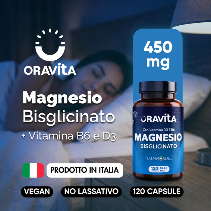 Oravita Magnesio bisglicinato 450 mg con vitaminas B6 y D3, 120 cápsulas veganas, fabricado en Italia