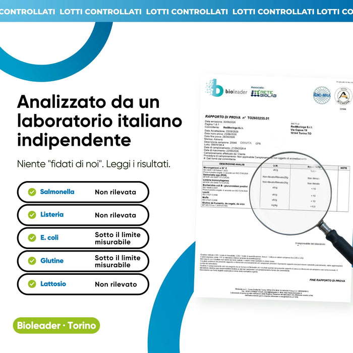 Análisis de laboratorio independiente: salmonela, listeria, E. coli, gluten, lactosa