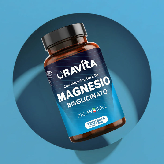 Frasco Oravita Magnesio Bisglicinato con vitaminas D3 y B6, 120 cápsulas de 541,5 mg, complemento fabricado en Italia