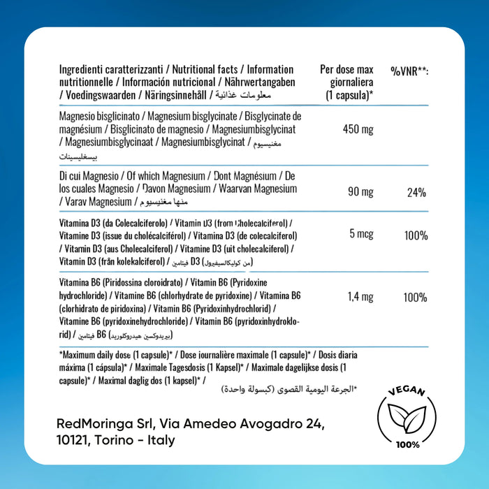 Tabla: bisglicinato de magnesio 450 mg (Mg 90 mg), D3 5 µg, B6 1,4 mg por cápsula