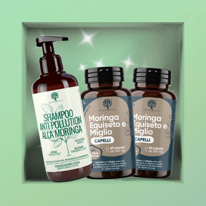 Programma Capelli Forti e Puliti RedMoringa: Shampoo Anti Pollution alla Moringa e due flaconi di Moringa Equiseto e Miglio