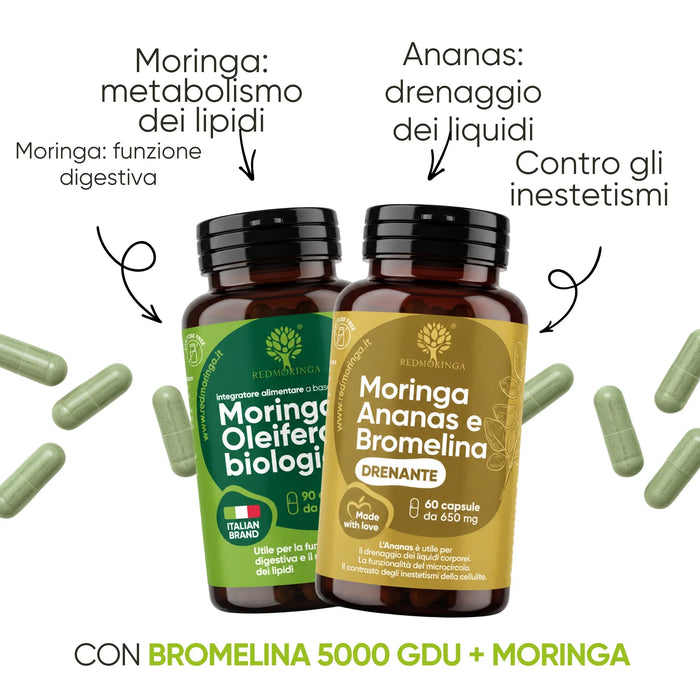 Pineapple for fluid drainage and the appearance of cellulite, Moringa for digestive function