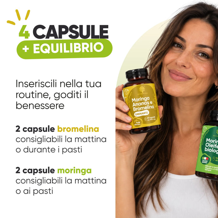 How to take: 2 Bromelain and 2 Moringa capsules, in the morning or with meals
