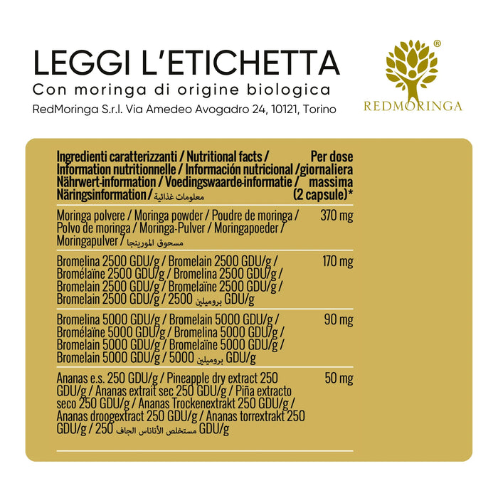 Moringa, Pineapple and Bromelain ingredients table (2500 and 5000 GDU/g)