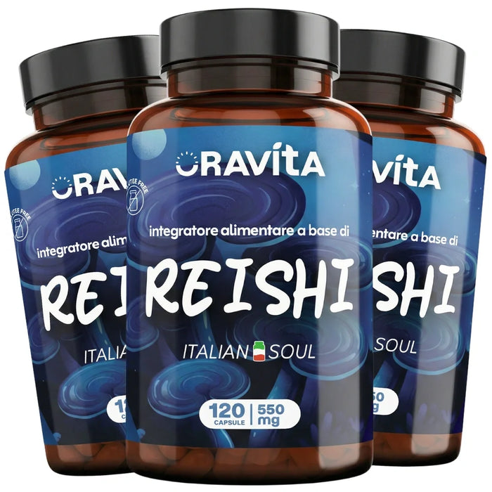Tres frascos de Reishi Oravita, envase de 360 cápsulas de 550 mg, extracto estandarizado al 30% de polisacáridos