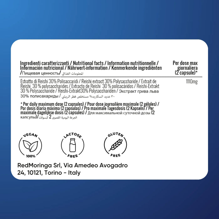 Etiqueta Reishi Oravita: extracto 30% polisacáridos, 1110 mg por 2 cápsulas