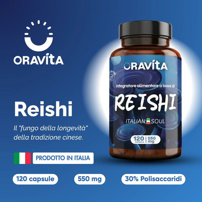 Reishi Oravita elaborado en Italia: 120 cápsulas de 550 mg, 30% polisacáridos