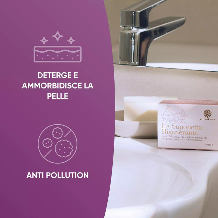 Saponetta Rigenerante al karité RedMoringa sul bordo del lavabo: deterge e ammorbidisce la pelle, anti pollution