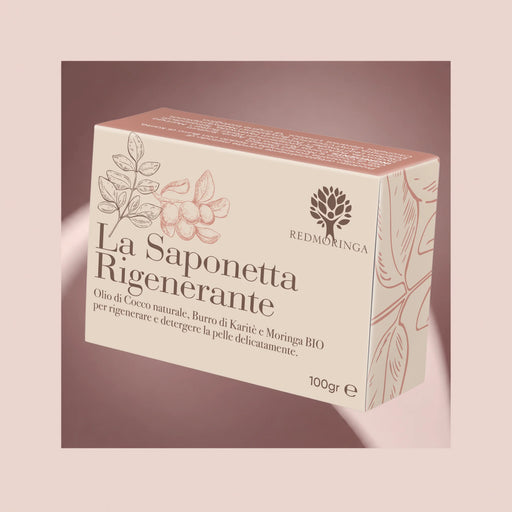 Confezione della Saponetta Rigenerante RedMoringa da 100 g con olio di cocco, burro di karité e Moringa bio