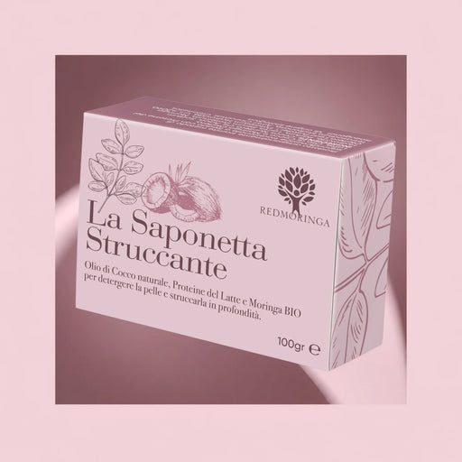 RedMoringa natural make-up remover soap with coconut oil, milk proteins and organic Moringa, 100 g box on pink background