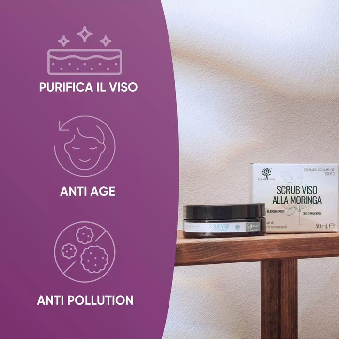 Exfoliante facial con moringa del set RedMoringa con tarro y estuche: purifica el rostro, antiedad, anti-pollution
