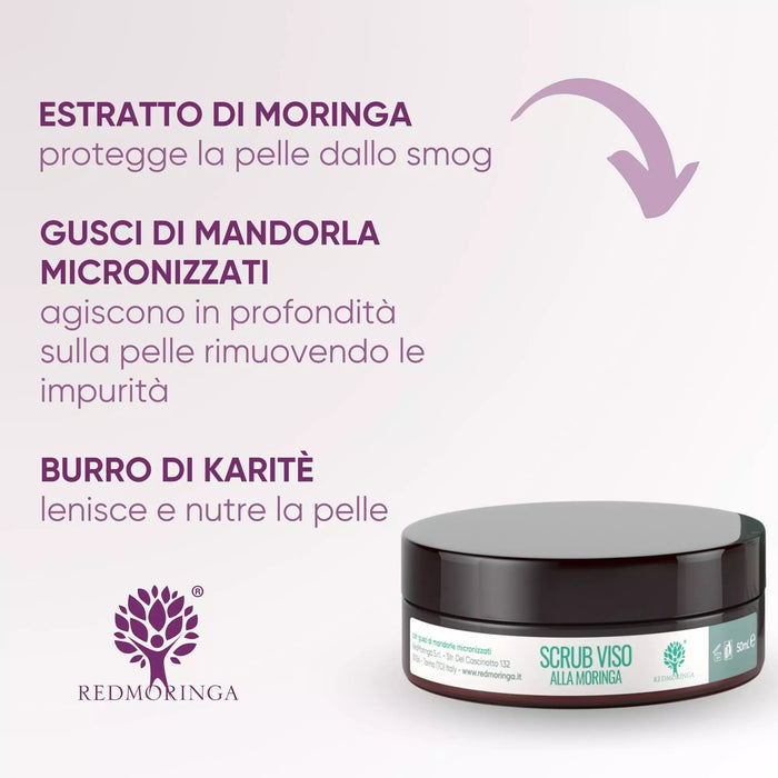Ingredientes del exfoliante facial con Moringa: extracto de Moringa, cáscara de almendra micronizada y manteca de karité