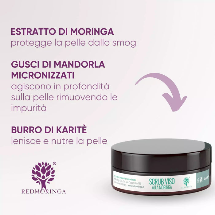 Tarro del exfoliante facial RedMoringa con extracto de Moringa, cáscara de almendra micronizada y manteca de karité