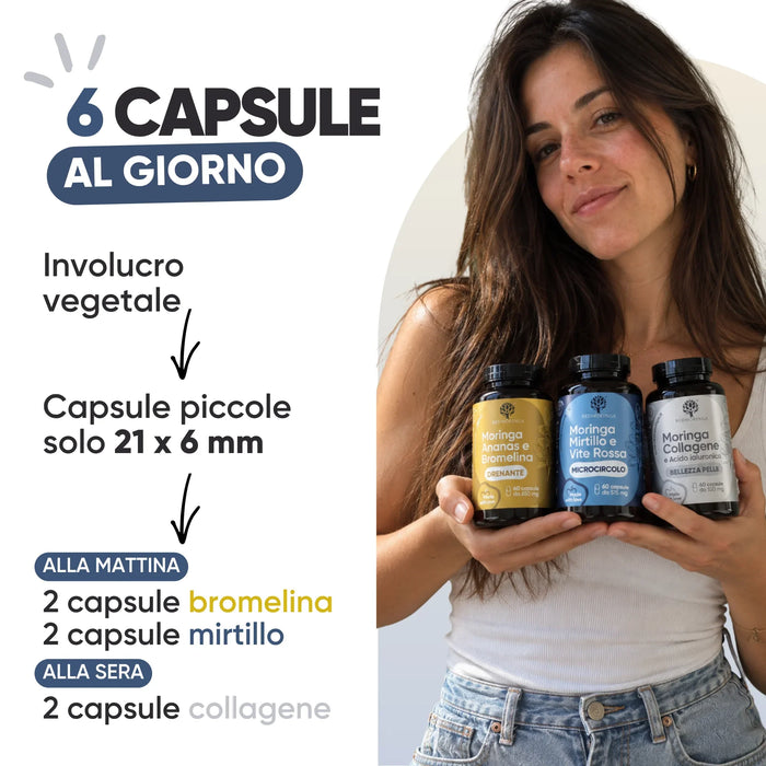 6 capsule al giorno: 2 bromelina e 2 mirtillo al mattino, 2 collagene alla sera