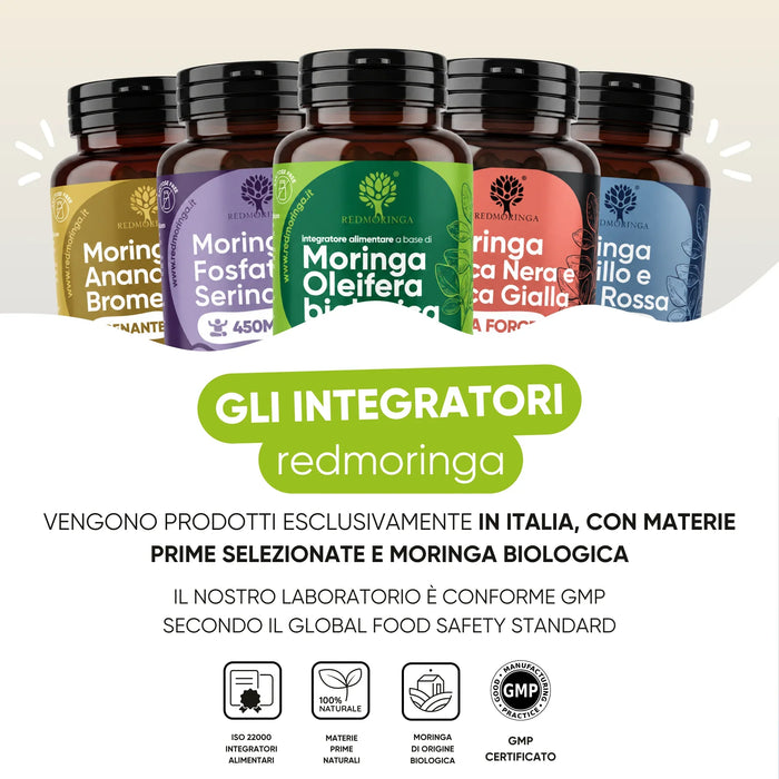 Gli integratori RedMoringa sono prodotti in Italia con Moringa biologica, laboratorio conforme GMP