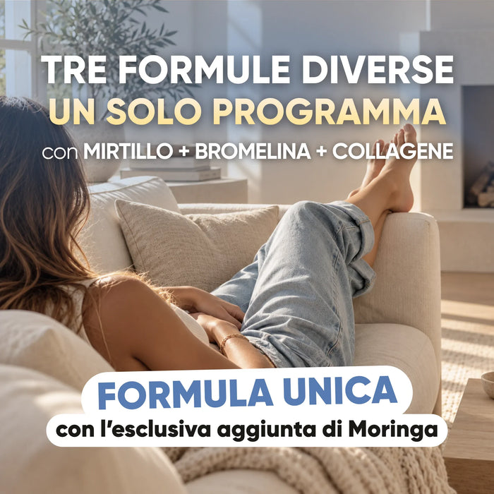 Set Gambe Perfette: tre formule con mirtillo, bromelina e collagene in un solo programma, con Moringa