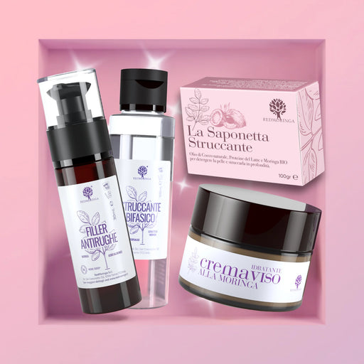 Set Regalo Moringa Beauty RedMoringa: siero Filler Antirughe, Struccante Bifasico, Saponetta Struccante e crema viso