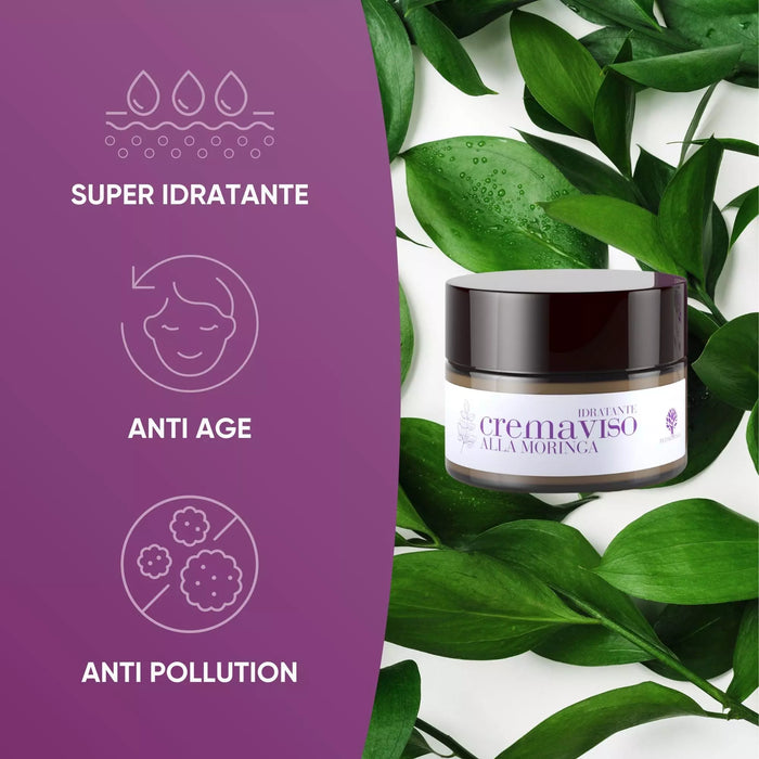 Crema facial con Moringa del set: superhidratante, antiedad y anti-pollution, tarro entre hojas verdes