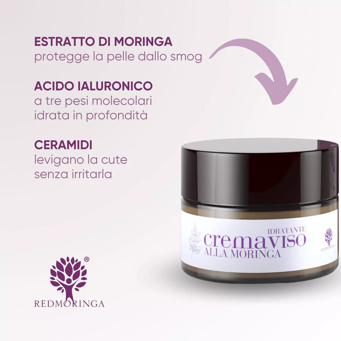 Crema facial con Moringa: extracto de Moringa anti-smog, ácido hialurónico de tres pesos moleculares y ceramidas