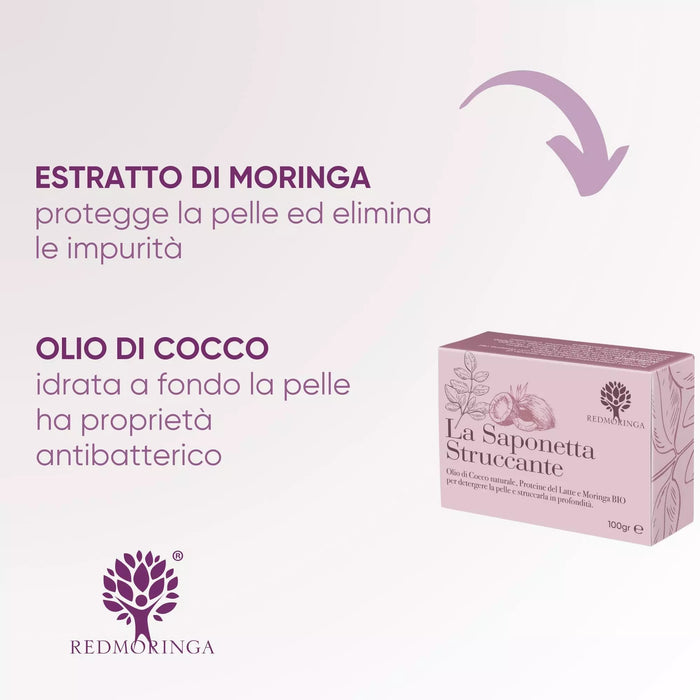 Ingredientes del Jabón Desmaquillante: extracto de Moringa contra las impurezas y aceite de coco que hidrata a fondo