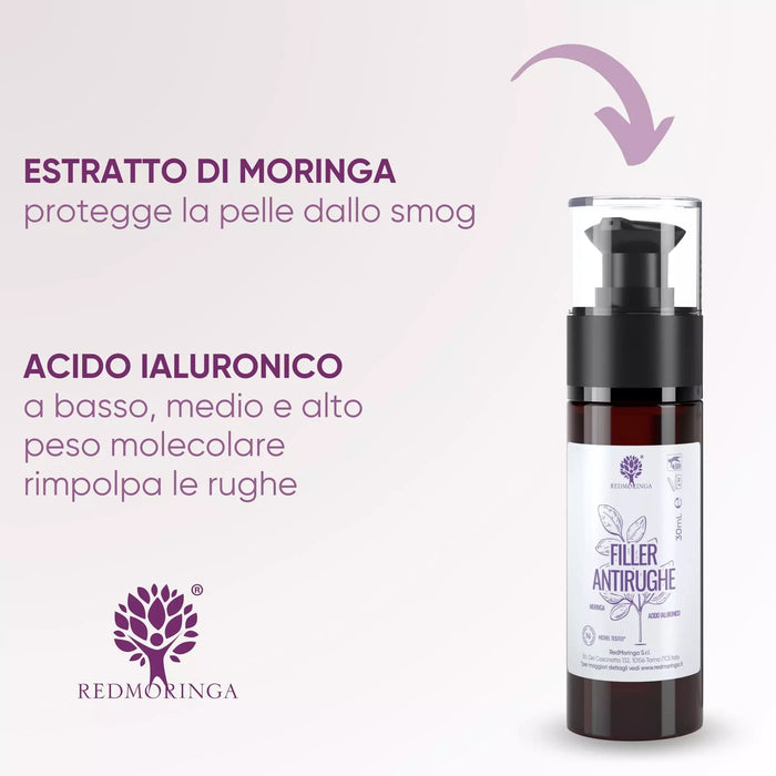 Ingredientes del sérum Filler Antiarrugas: extracto de Moringa contra el smog y ácido hialurónico de tres pesos moleculares