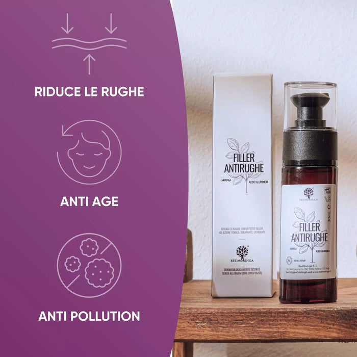 Sérum Filler Antiarrugas RedMoringa con estuche en una balda de madera: reduce las arrugas, antiedad y anti-pollution