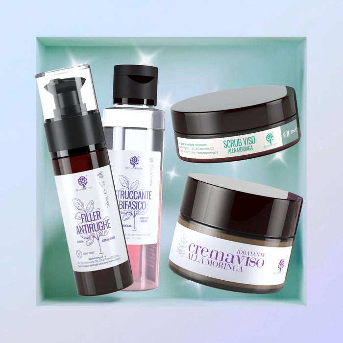 Set regalo Moringa Beauty RedMoringa: filler antiarrugas, desmaquillante, exfoliante y crema facial, tratamiento antiedad