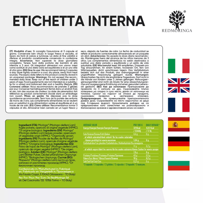 Etichetta interna delle capsule Moringa Oleifera biologica RedMoringa in 7 lingue, con modalità d'uso e valori nutrizionali